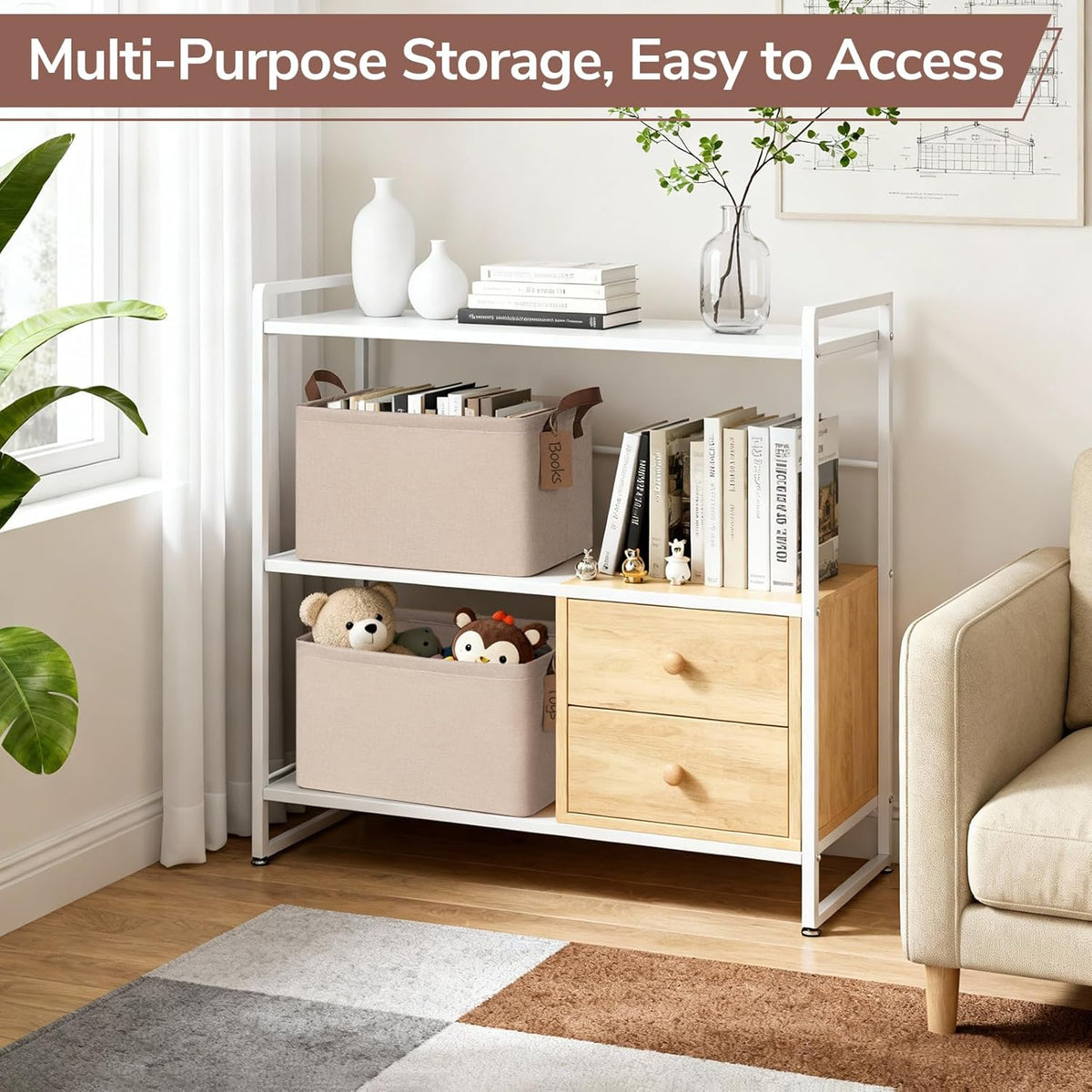 CHICVITA 4 Pack Large Storage Baskets for Shelves, Collapsible Closet Organizer Bins with Metal Frame, Fabric Storage Bins for Clothes Towels Organization, 16.8" x 11" x 9.8", Beige