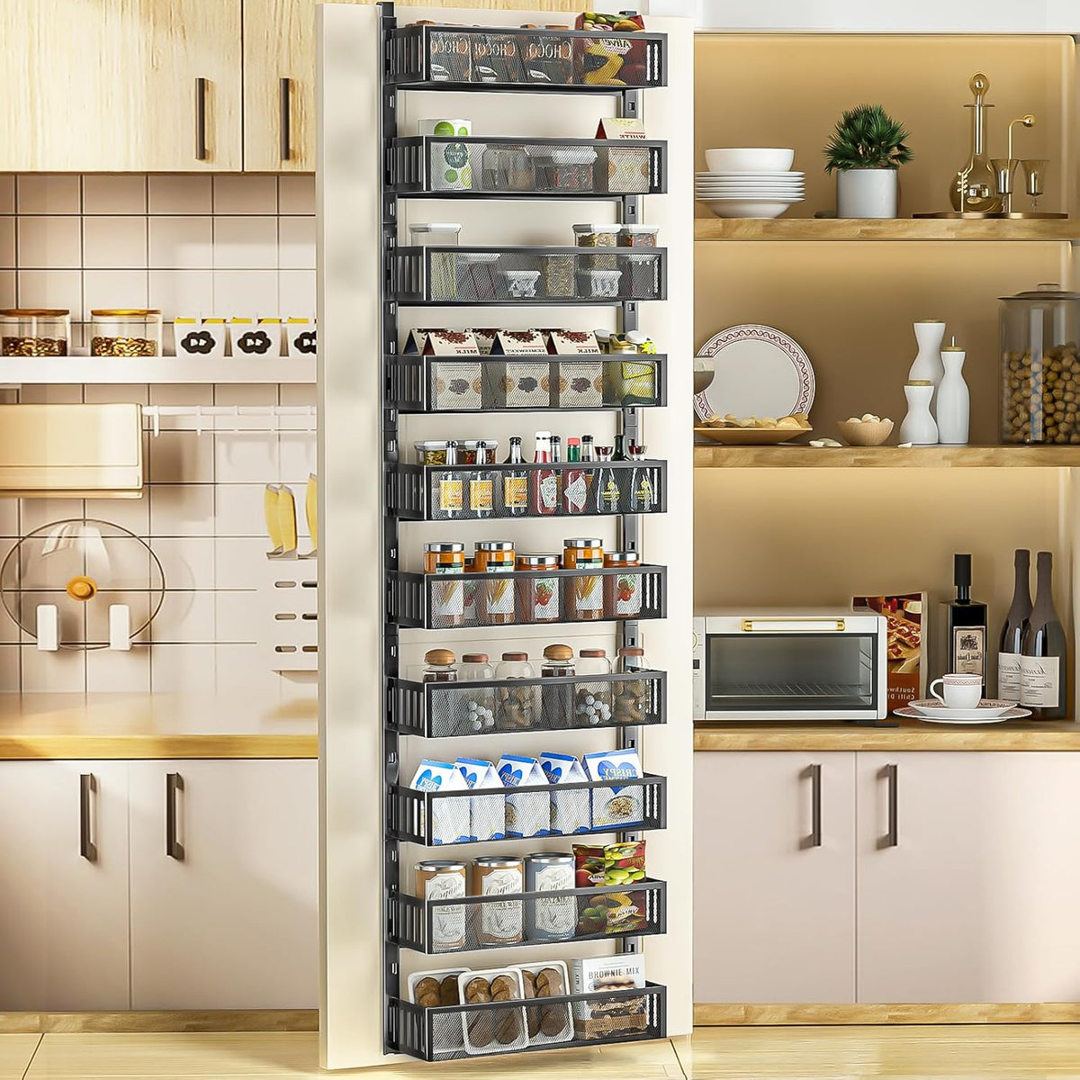6-Tier Over The Door Pantry Organizer with Mesh Baskets, Adjustable & Stable Hanging Spice Rack for Kitchen, Bathroom, Bedroom, and Baby Essentials Storage