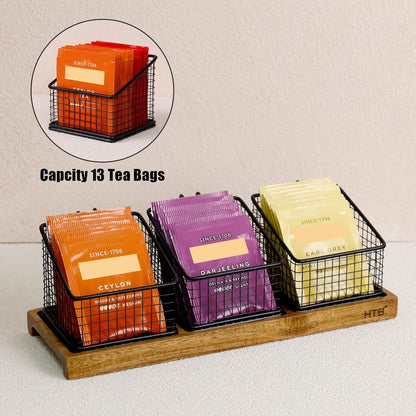 HTB 2 Tier Tea Organizer for Tea Bags, Tea Bag Holder with Acacia Wood Stand and 6 Removable Metal Basket for Sugar Packets, Sweeteners, Creamers for Cabinet, Countertop or Wall-mounted