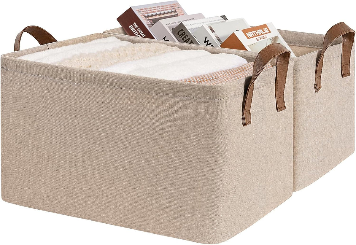 CHICVITA Large Storage Baskets for Shelves, Fabric Storage Bins with Metal Frame, Closet Organizers and Storage Boxes for Clothes Toy, Beige