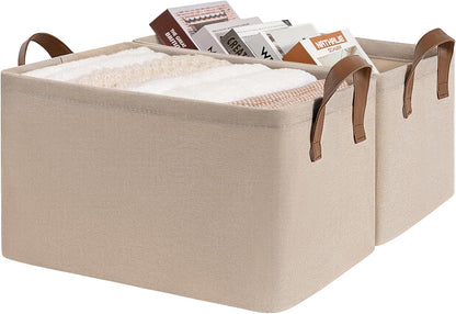 CHICVITA Large Storage Baskets for Shelves, Fabric Storage Bins with Metal Frame, Closet Organizers and Storage Boxes for Clothes Toy, Beige