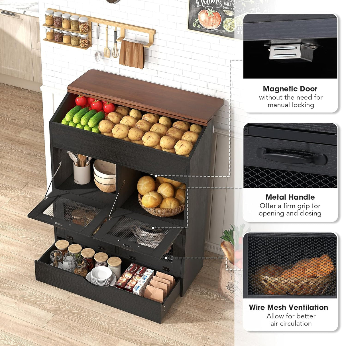 Patiorama Wood Potato and Onion Storage Bin Box with Lid, 4-Tier Farmhouse Wooden Bread Box Cabinet with 2 Mesh Doors & Rolling Drawer, Large Vegetable Storage Bin Organizer for Kitchen Pantry White