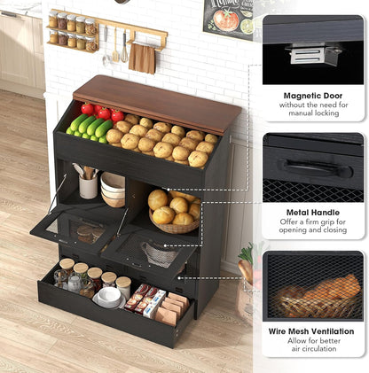 Patiorama Wood Potato and Onion Storage Bin Box with Lid, 4-Tier Farmhouse Wooden Bread Box Cabinet with 2 Mesh Doors & Rolling Drawer, Large Vegetable Storage Bin Organizer for Kitchen Pantry White