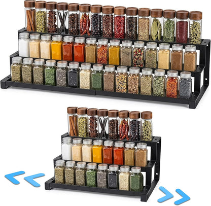 Expandable Spice Rack Organizer for Cabinet, Metal Spice Organizer Adjustable Length, Seasoning & Pantry Organization Shelf 3-Tier, Non-Skid Step Shelf for Kitchen Cabinet, Pantry or Countertop