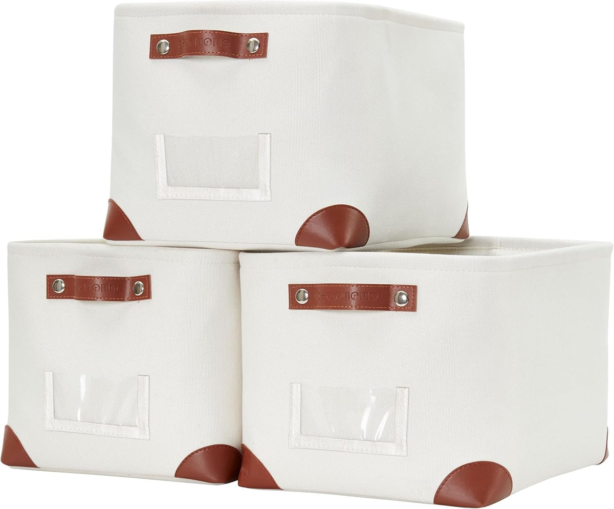 DECOMOMO Storage Bins, Large Fabric Storage Baskets for Shelves, Decorative Linen Closet Organizer, 15 x 11 x 9.5 inches (Beige & White, 3 Pack)