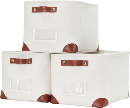 DECOMOMO Storage Bins, Large Fabric Storage Baskets for Shelves, Decorative Linen Closet Organizer, 15 x 11 x 9.5 inches (Beige & White, 3 Pack)