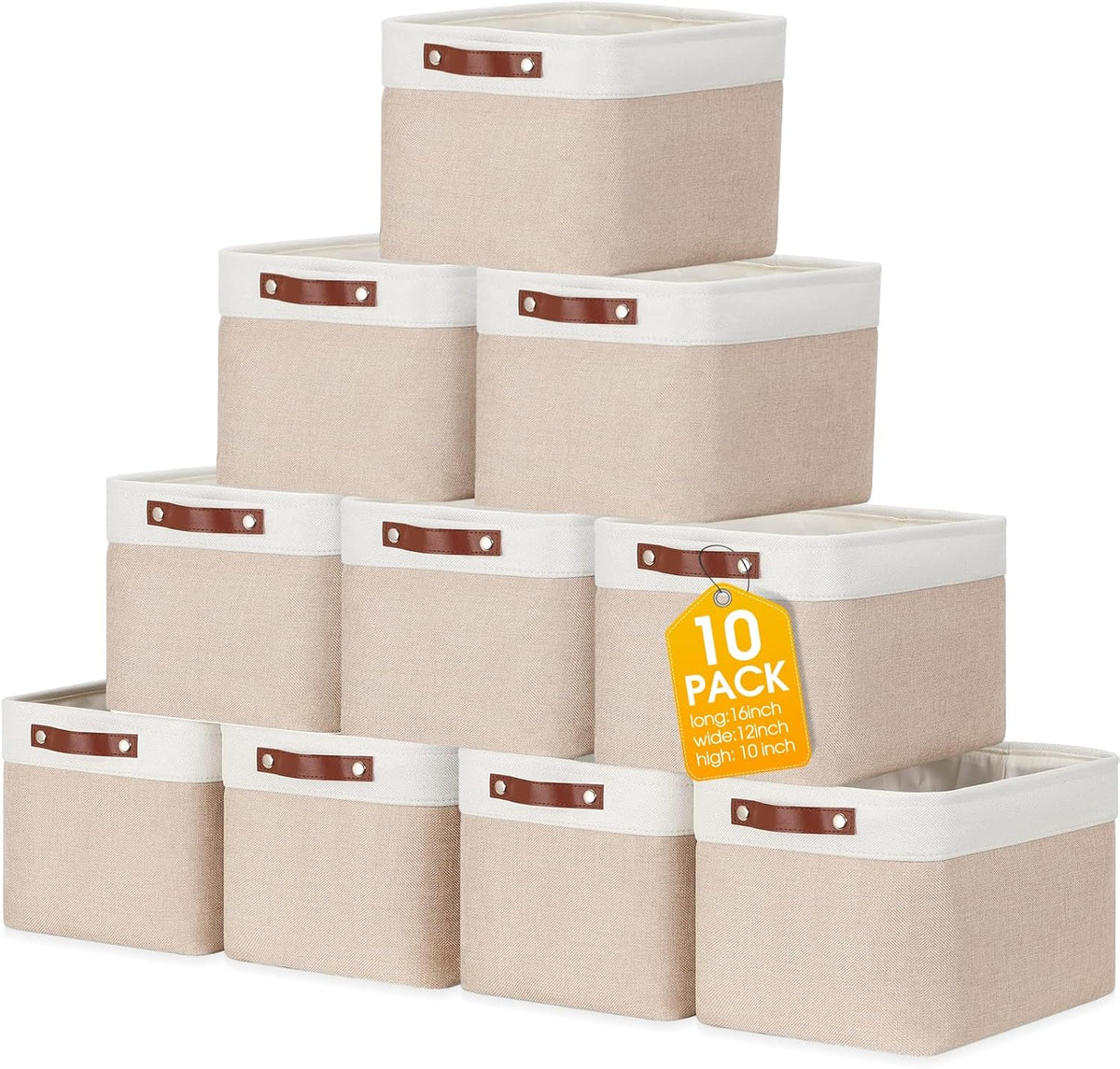 Uiifan 10 Pcs Collapsible Storage Bins Fabric Foldable Storage Basket with Handles Cloth Organizer Linen Shelf Baskets for Shelves Home Closet Nursery Toys(16 x 12 x 10 Inch,Gray and White)