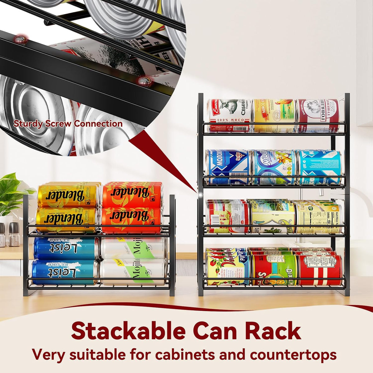2-Tier Stackable Can Organizer 2 Pack, Pantry Can Dispenser Holds Up to 48 Cans, Metal Wire Basket of Canned Food Soda Drinks, Black