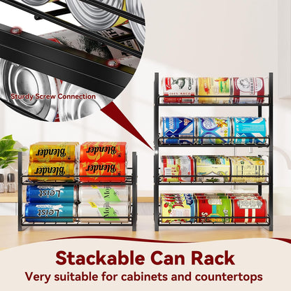 2-Tier Stackable Can Organizer 2 Pack, Pantry Can Dispenser Holds Up to 48 Cans, Metal Wire Basket of Canned Food Soda Drinks, Black