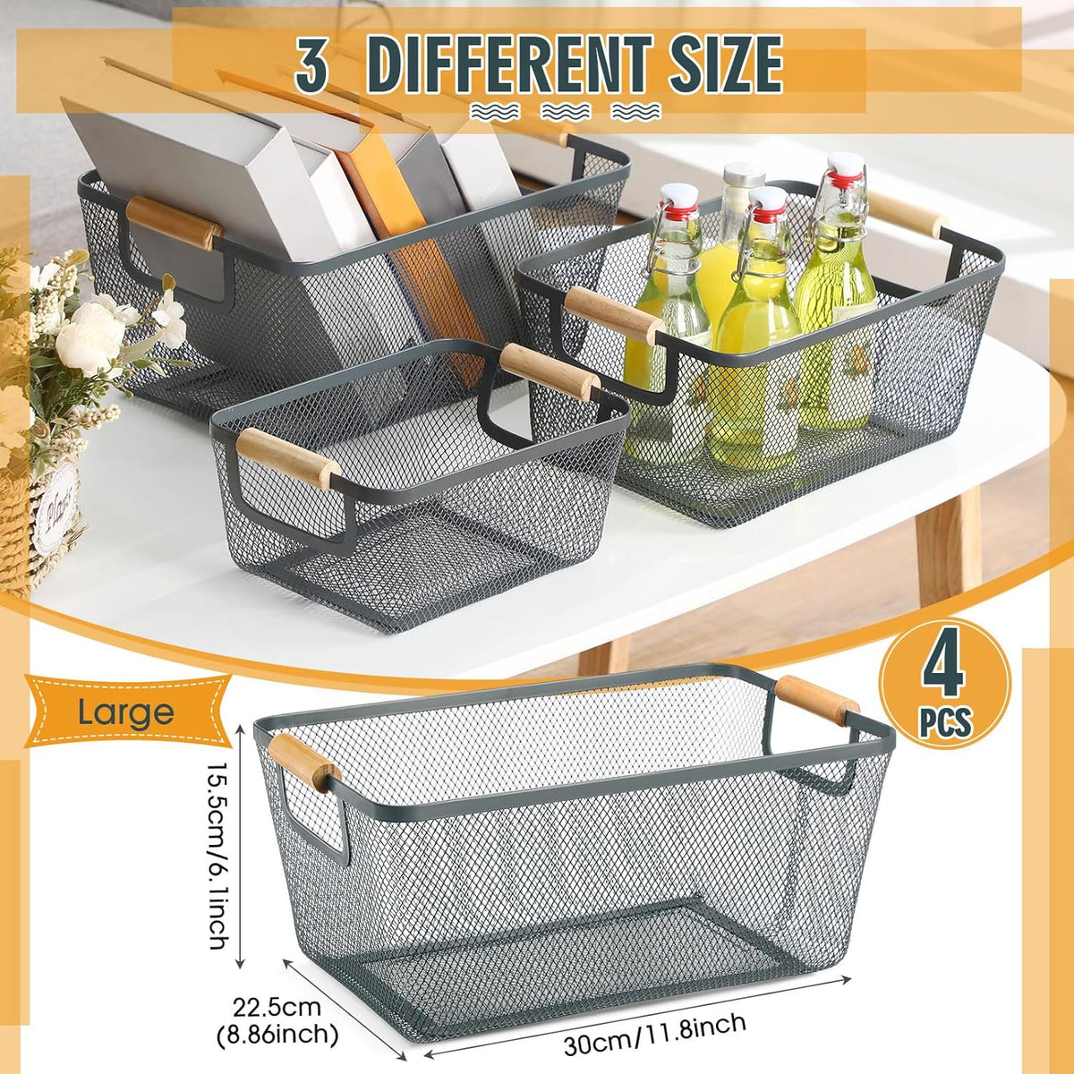 Ziliny 4 Pcs Metal Mesh Wire Baskets with Wooden Handles for Organizing, Pantry Organizers and Storage Steel Bin Kitchen Baskets for Fruit Potato Onion Snacks Bathroom Cabinet(Small,Black)