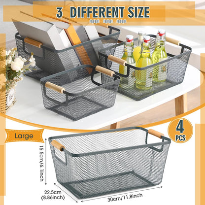Ziliny 4 Pcs Metal Mesh Wire Baskets with Wooden Handles for Organizing, Pantry Organizers and Storage Steel Bin Kitchen Baskets for Fruit Potato Onion Snacks Bathroom Cabinet(Small,Black)