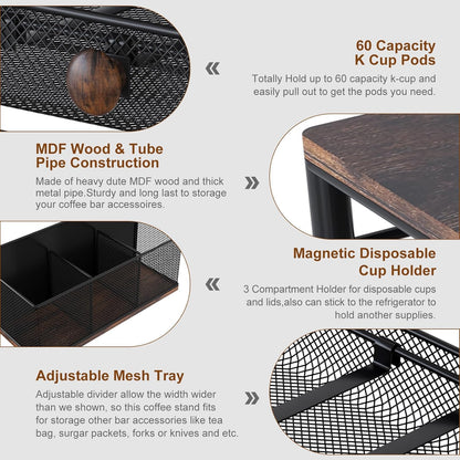 TQVAI K Cup Holder - 60 Capsule Capacity 2 Tier Sliding Pods Storage Drawer with Disposable Cups & Lids Holder, Coffee Bar Station Organizer for Countertop, Black