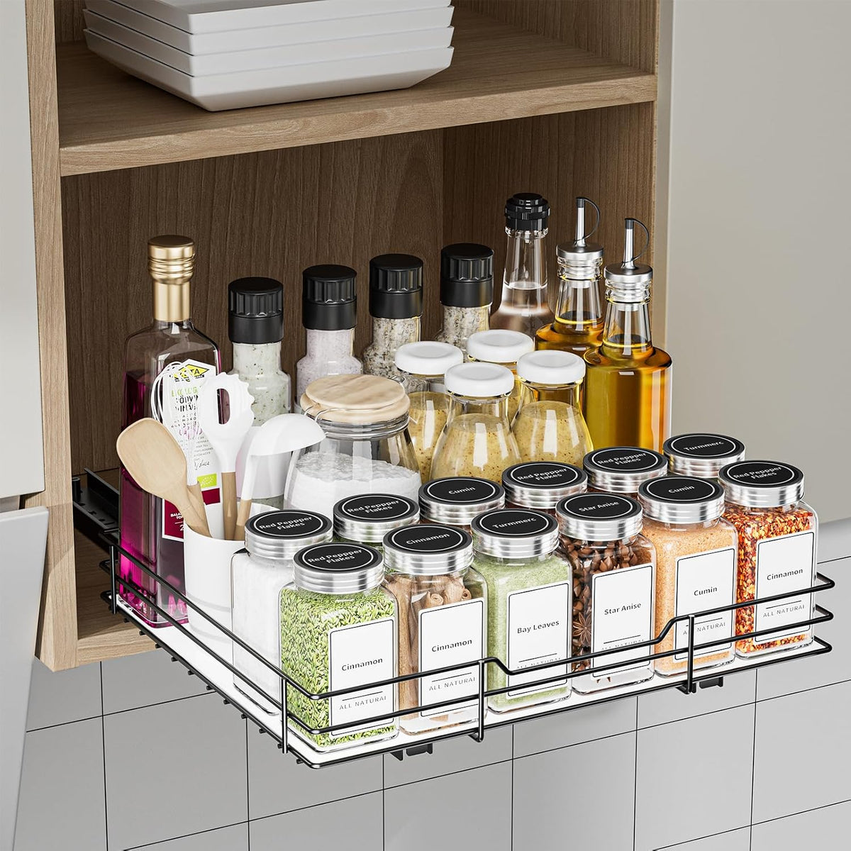 BOIVSHI 2-Tier Spice Rack, Pull Out Cabinet Organizer Spice Racks Height Adjustable Heavy Duty Metal Basket for Inside Cabinets & Pantry Closet(9.5''Wx10.5''Dx9.5''H)