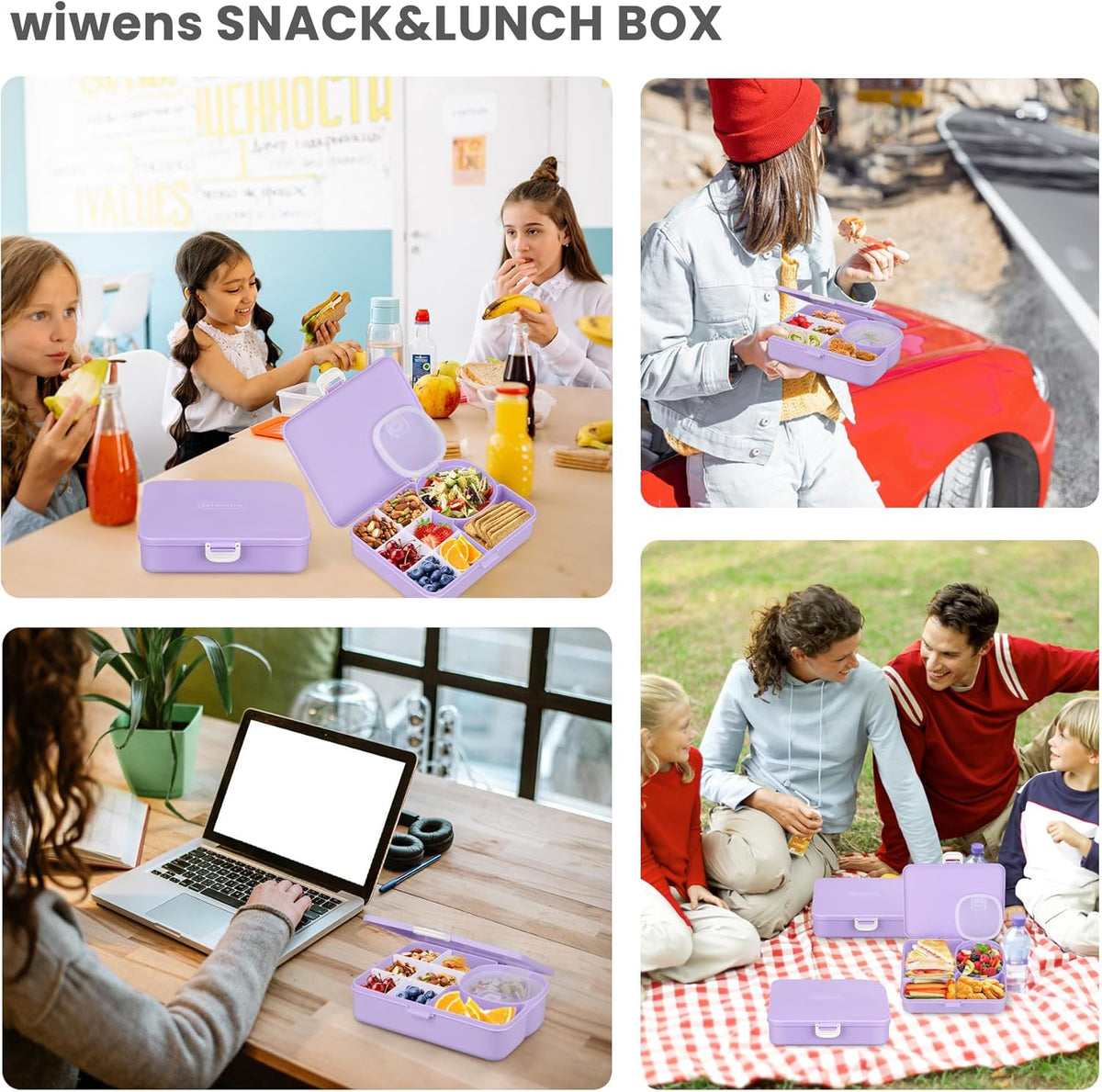 wiwens Snack Box Containers for Kids Adults 2PCS Reusable Snackle Boxes with Adjustable Dividers Airtight Snack Organizers with Compartents Toddler Bento Lunch Box LeakProof for Office,School,Outdoor