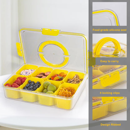 Patent Design Ribbed Snackle Box Container Snack Container Divided Serving Tray with Lid and Handle, 8 Divider Portable Snacklebox for Travel Beach for Charcuterie Veggie Fruit Candy,1 Pack