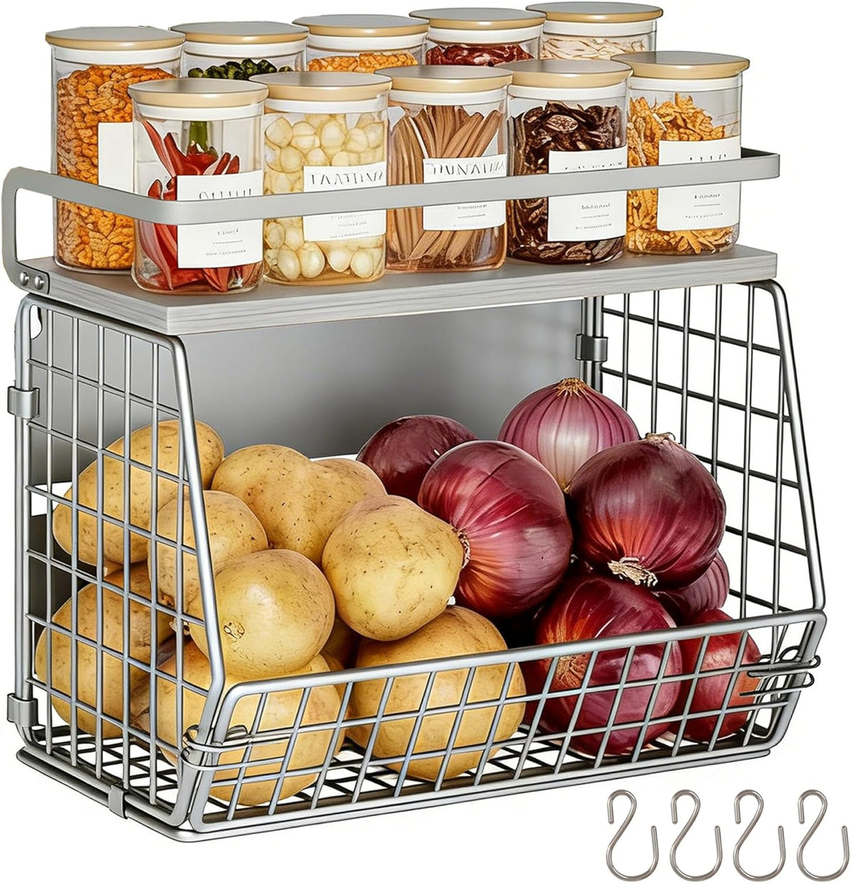Magnetic Shelf for Fridge,Hanging Wall Basket for Potato Onion Fruit and Vegetable Storage Bins,Large Produce Container Magnetic Spice Rack for Refrigerator Kitchen Counter Pantry,Black