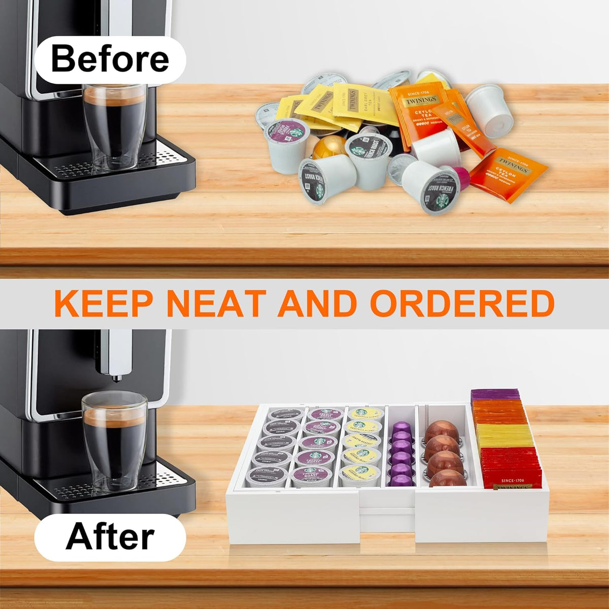 MinBoo Bamboo K Cup Holder for Drawer or Countertop Coffee Pod Holder Expandable K Cup Pod Storage Tea bag organizer K Cup Storage for Coffee Station Home Office and Kitchen