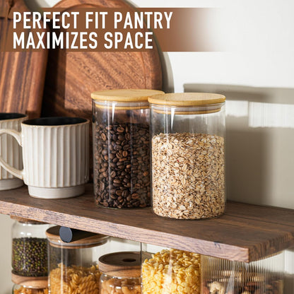 D2scrma 22oz Straight cylindrical Airtight Storage Jars with Bamboo Lid Set of 6 Storage Container Stackable Spice Jar, Kitchen Canister for Sugar, Tea, Cookies and Coffee beans (with Black Lable)