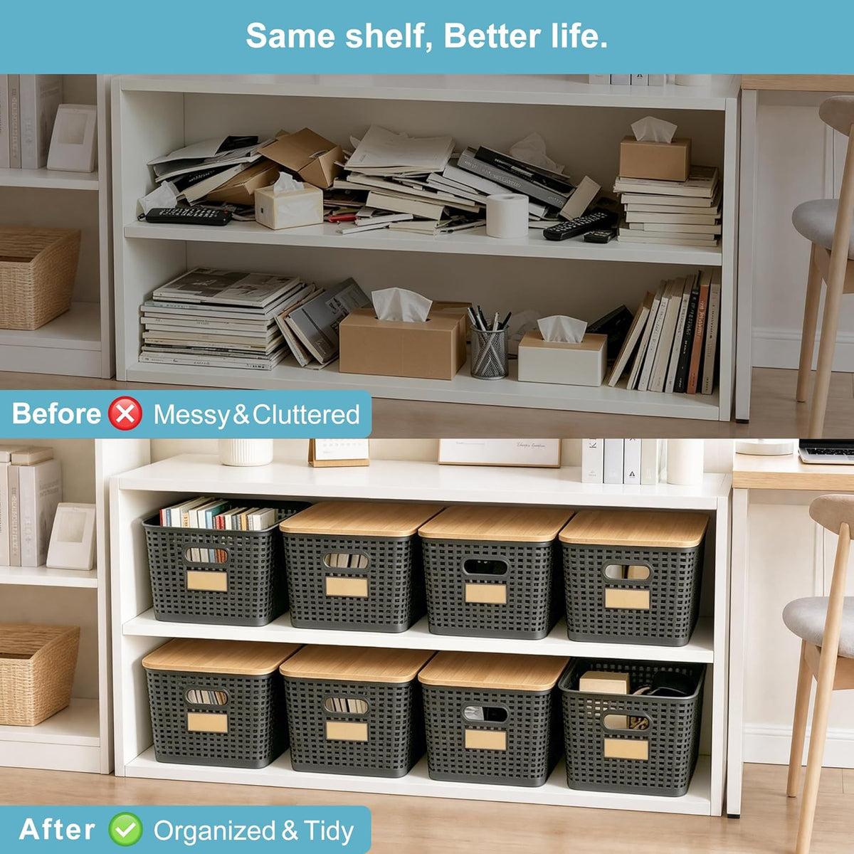 Bagnizer Small Plastic Storage Bins with Bamboo Lids 5.2qt Stackable Box Basket Pantry Decorative Containers Cute with Labels for Organizing Desktop Closet Office Cream White of 10*7.2*4.1"