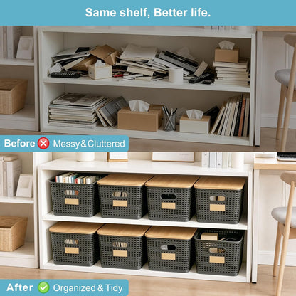 Bagnizer Small Plastic Storage Bins with Bamboo Lids 5.2qt Stackable Box Basket Pantry Decorative Containers Cute with Labels for Organizing Desktop Closet Office Cream White of 10*7.2*4.1"