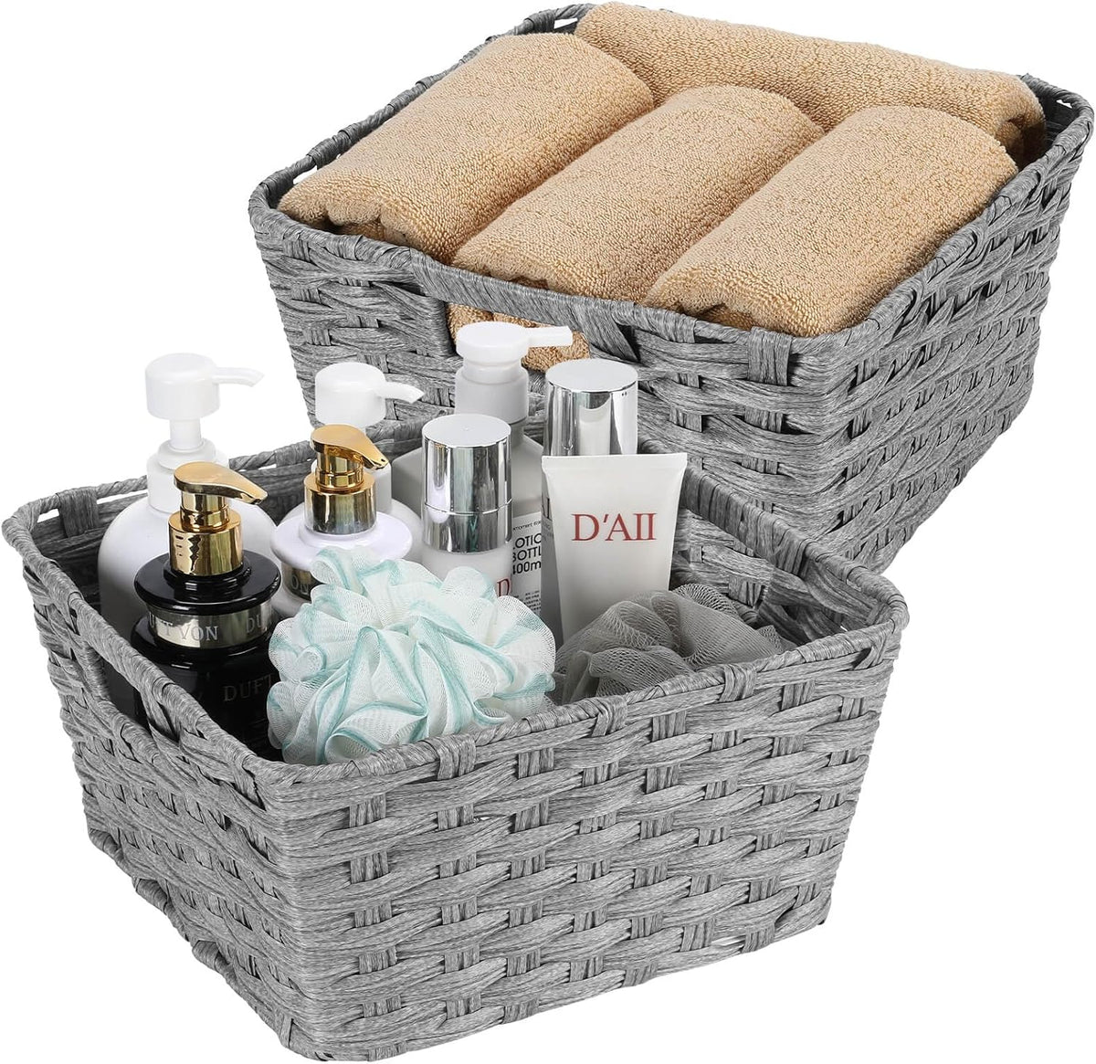 Onlytak Large Wicker Storage Basket, Metal Frame, Set of 2, Washable Waterproof, 15" x 10.3" x 5.2", Brown Color, Woven Basket for Pantry, Toilet, Bathroom, Bedroom, Patio