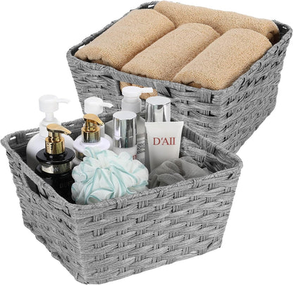 Onlytak Large Wicker Storage Basket, Metal Frame, Set of 2, Washable Waterproof, 15" x 10.3" x 5.2", Brown Color, Woven Basket for Pantry, Toilet, Bathroom, Bedroom, Patio