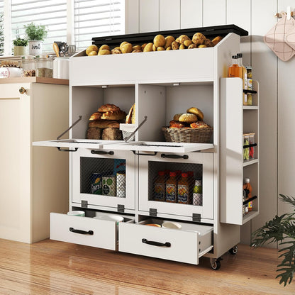 Verano Garden Potato and Onion Storage Bin on Wheels, Wood Bread Box with Lid & Mesh Doors, 4-Tier Rolling Fruit and Vegetable Storage Organizer w/Drawer & Side Rack for Kitchen (Rustic Brown, 16.0")