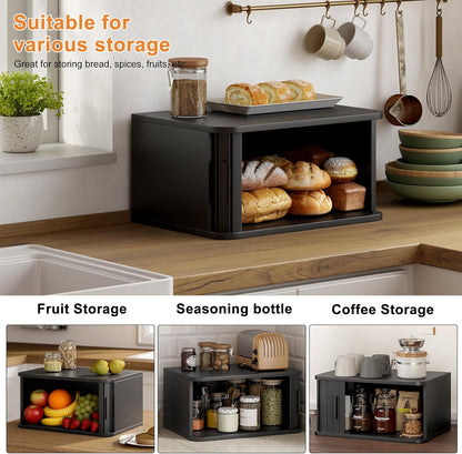 WOWLIVE Bread Box for Kitchen Countertop, Large Roll Top Bread Boxes with Sliding Door, Airtight Bread Storage Container for Loaves, Pastries & Bagels, Bamboo Counter Organizer (Natural, Medium)