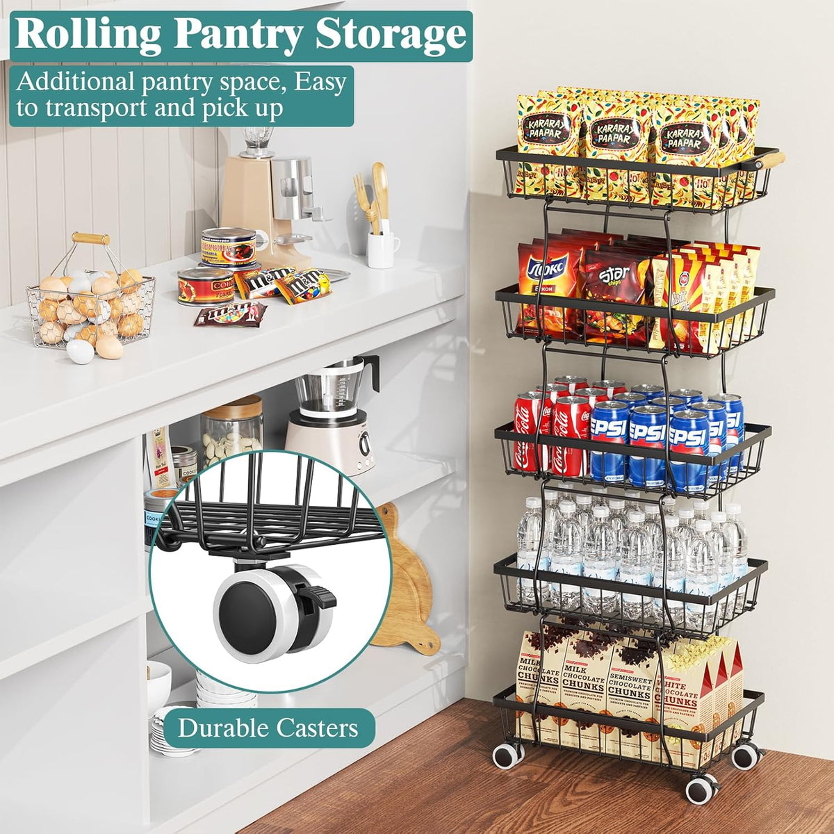 CHLORYARD 4 Tier Slim Fruit Basket for Kitchen, Stackable Metal Wire Fruit Vegetable Storage Baskets Organizer Stand on Wheels, Produce Basket Potato Onion Storage Bins Rack for Pantry. (Black)