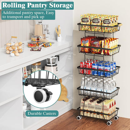 CHLORYARD 4 Tier Slim Fruit Basket for Kitchen, Stackable Metal Wire Fruit Vegetable Storage Baskets Organizer Stand on Wheels, Produce Basket Potato Onion Storage Bins Rack for Pantry. (Black)