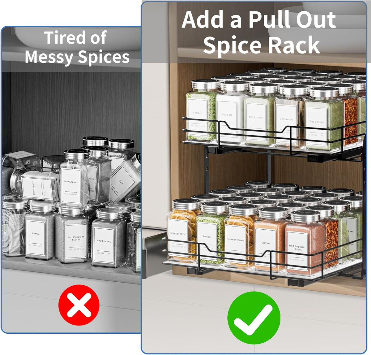 BOIVSHI 2-Tier Spice Rack, Pull Out Cabinet Organizer Spice Racks Height Adjustable Heavy Duty Metal Basket for Inside Cabinets & Pantry Closet(9.5''Wx10.5''Dx9.5''H)