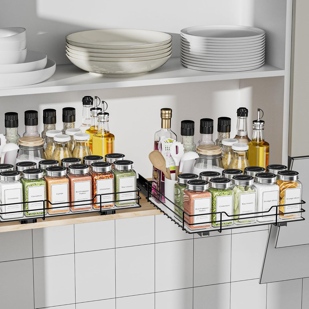 BOIVSHI 2-Tier Spice Rack, Pull Out Cabinet Organizer Spice Racks Height Adjustable Heavy Duty Metal Basket for Inside Cabinets & Pantry Closet(9.5''Wx10.5''Dx9.5''H)