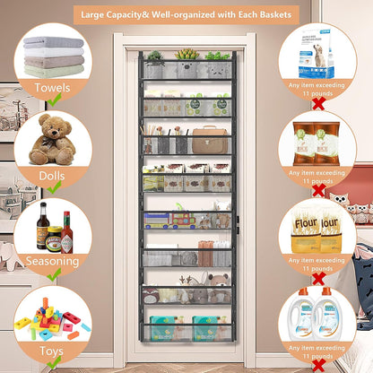6-Tier Over The Door Pantry Organizer with Mesh Baskets, Adjustable & Stable Hanging Spice Rack for Kitchen, Bathroom, Bedroom, and Baby Essentials Storage