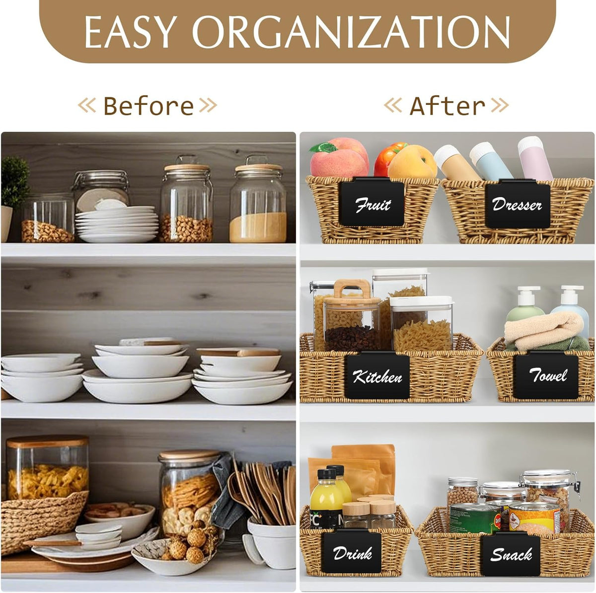 Marsui 9 Pcs Wicker Storage Baskets for Pantry Organization with Handle Labels Handwoven Multi-size Dark Brown Small Organizer Baskets Storage Bin Container for Shelves Closet Toilet Christmas Holiday