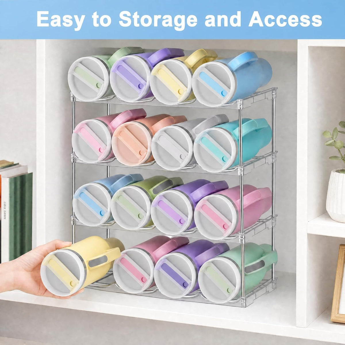 Water Bottle Organizer for Cabinet, Large Compartment Tumbler Organizer for Stanley 40oz Tumbler, Stackable Stanley Cup Organizer Holder for Cabinet, Kitchen Countertop Organization & Storage, 4 Pack