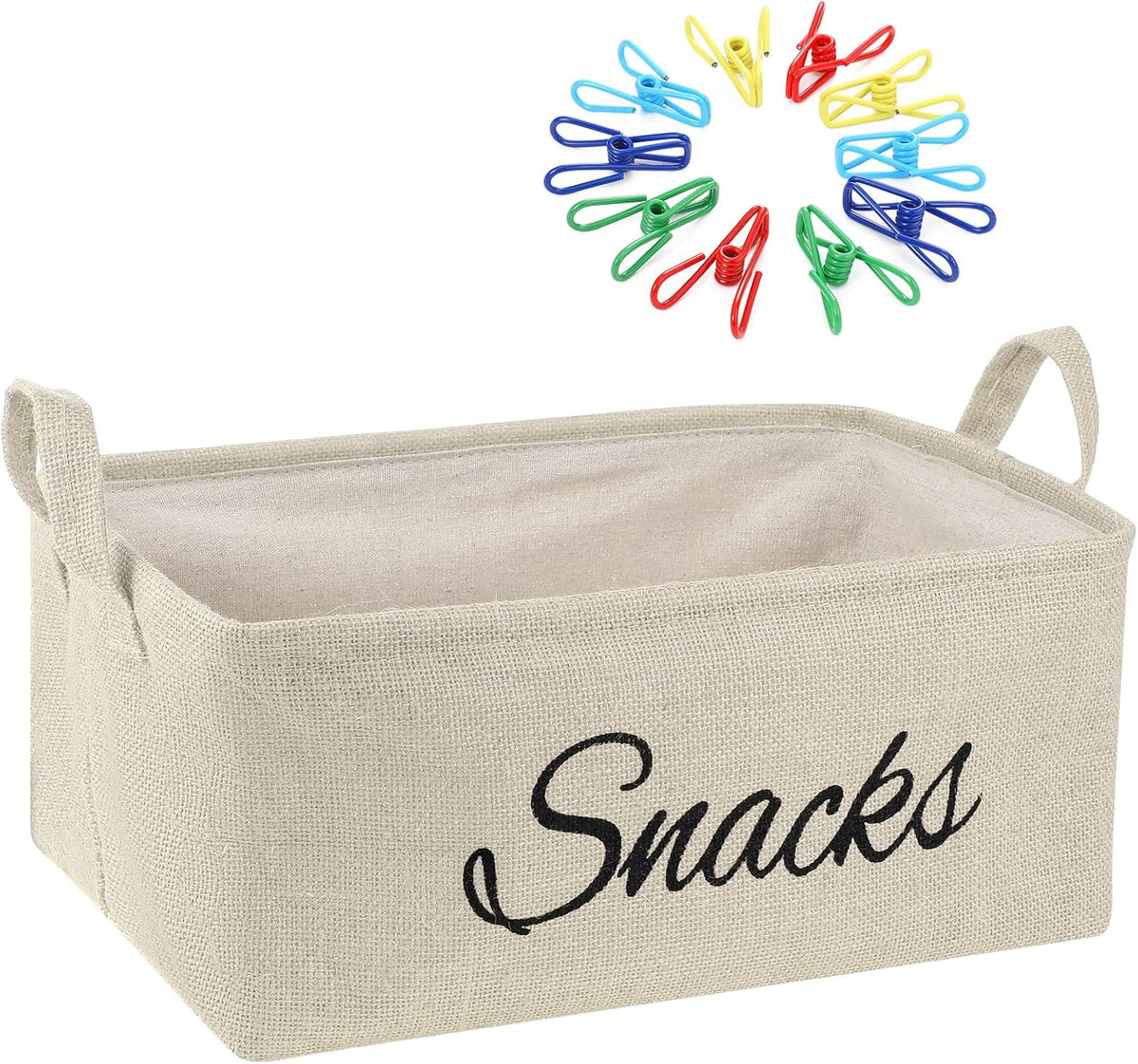 Newtay 17 Pcs Snack Basket Sets, Snack Storage Bin for Pantry Shelves with 16 Pcs 2 Inch Chip Clips, Basket Organizer for Kitchen Home, Chips, Popcorn, Candy, Pretzels(Burlap,Khaki)
