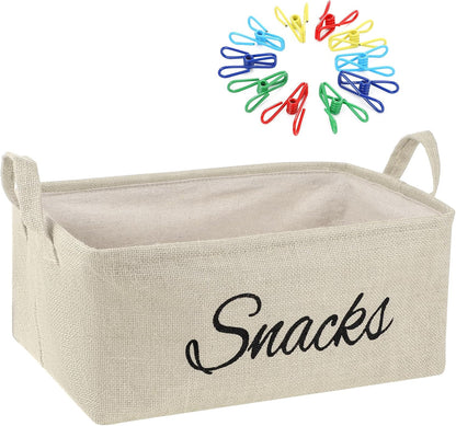 Newtay 17 Pcs Snack Basket Sets, Snack Storage Bin for Pantry Shelves with 16 Pcs 2 Inch Chip Clips, Basket Organizer for Kitchen Home, Chips, Popcorn, Candy, Pretzels(Burlap,Khaki)