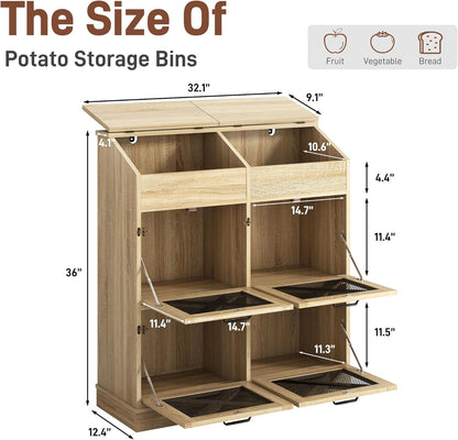 Potato And Onion Storage Bin with Lid,Veggie Bin W/6 Large Storage Box.Root Vegetable Storage Box For Kitchen,Farmhouse Potato Storage Bin W/4 Mesh Doors,Bread Keeper for Toast,Bagel,Donut,Cookies