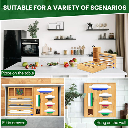 Sandwich Bag & Organizer, Aluminum Foil & Plastic Wrap Cutter, Bamboo Drawer Storage for Gallon, Quart Bags & 12" Rolls (9 in 1)
