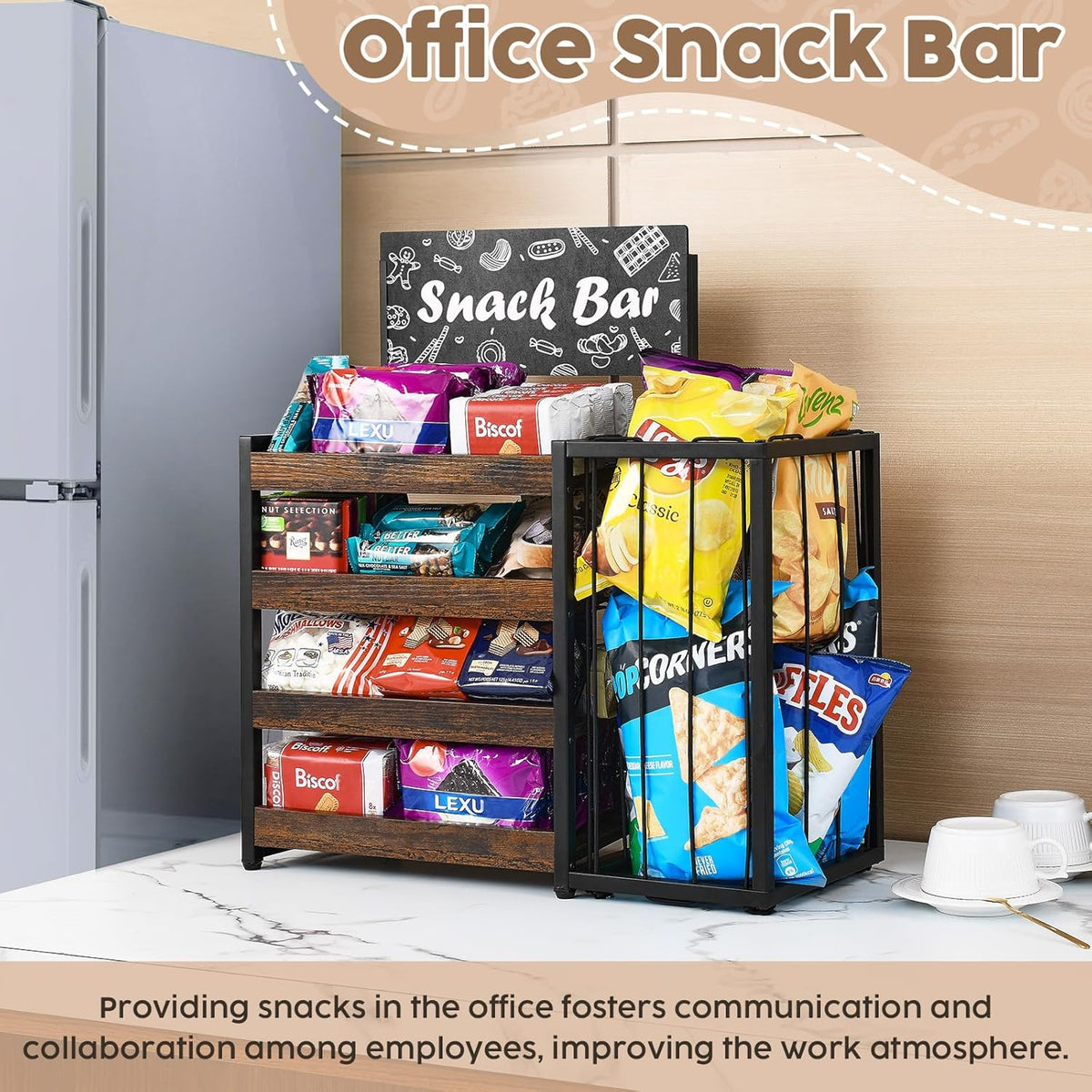 Poyilooo Candy Display Rack, 4 Tier Snack Display for Countertop,Wooden Counter Snack Organizer Frame Basket, Potato Chip Display Retail Display Shelf for Office, Store, Counter, Kitchen