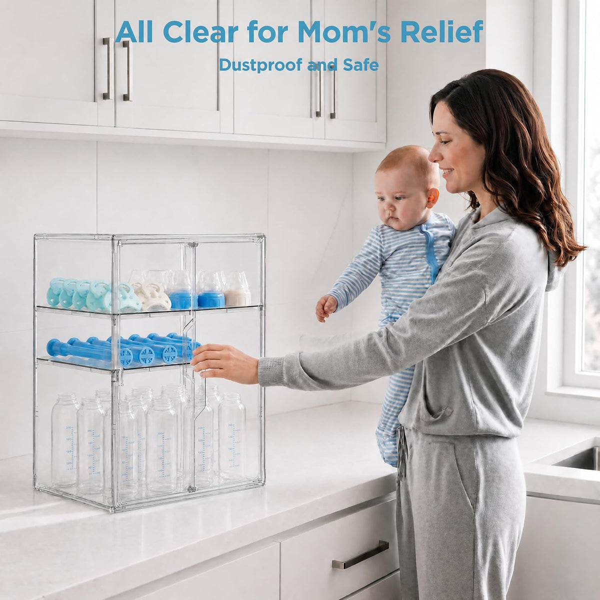 HBlife Baby Bottle Storage Organizer for Countertop Cabinet, 3 Tiers Adjustable Clear Acrylic Bottles Storage Station Case Box Container with 2 Removable Dividers and Magnetic Door, Large