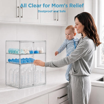 HBlife Baby Bottle Storage Organizer for Countertop Cabinet, 3 Tiers Adjustable Clear Acrylic Bottles Storage Station Case Box Container with 2 Removable Dividers and Magnetic Door, Large