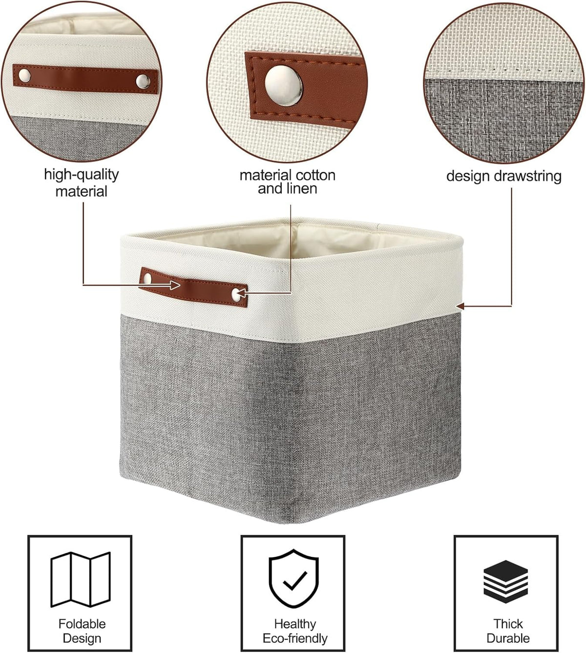 Uiifan 10 Pcs Collapsible Storage Bins Fabric Foldable Storage Basket with Handles Cloth Organizer Linen Shelf Baskets for Shelves Home Closet Nursery Toys(16 x 12 x 10 Inch,Gray and White)