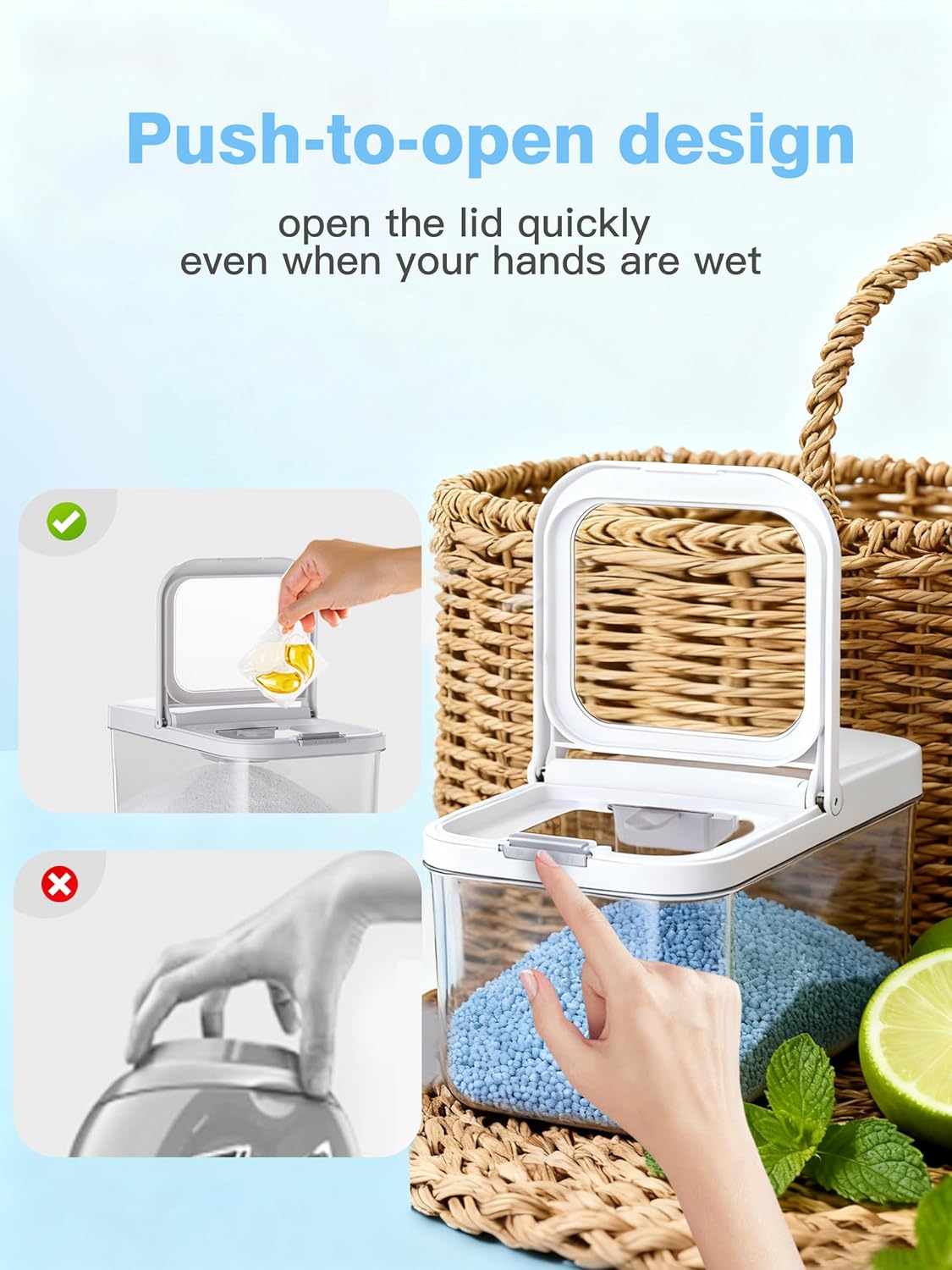 LivLab Mker Laundry Detergent Dispenser with One-Press Lid,Clear PET Powder container with Measuring Cup, Pods container 5.5L/12Lbs/200oz(270 Pods)