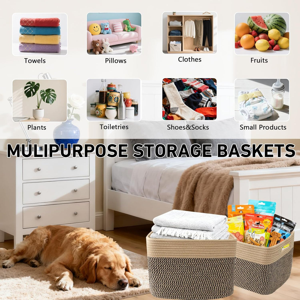3 Pack Woven Rope Storage Baskets for Shelves,13.5"×11"×9.5" Storage Bins with Handles,Empty Gift Baskets,Nursery Organizer for Toys,Towels,Books,Closet,Living Room,Bedroom (White & Brown)
