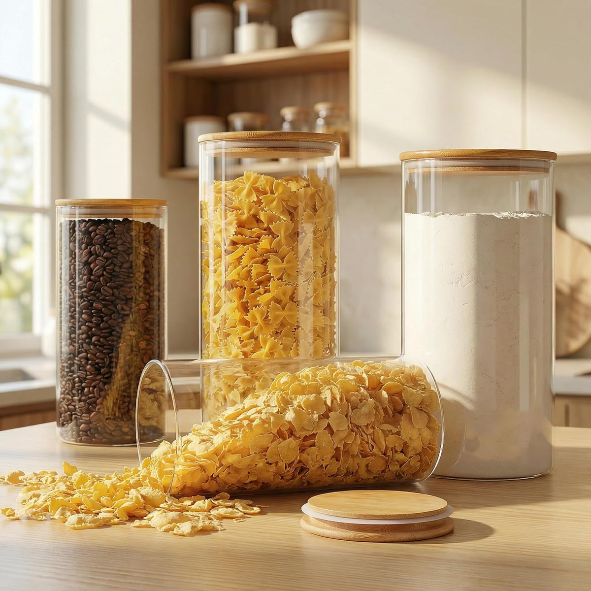 32oz - Glass Jars with Bamboo Lids, Glass Pantry Storage Containers with Airtight Lids, Round Air Tigh Food Storage Canisters for Cereal, Pasta, Flour, Sugar, Rice, Best for Kitchen Organizer