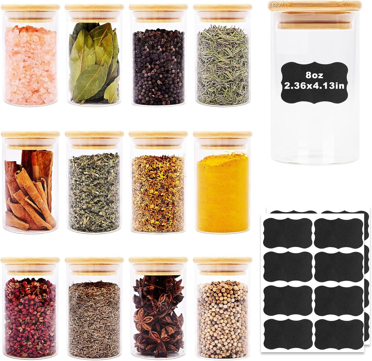 SHOWIN Glass Food Storage Jars Square 37oz, 4 Pack Glass Jars With Bamboo Lids, Kitchen Storage Containers For Spice, Candy, Cookie, Storage For Pantry Organizers