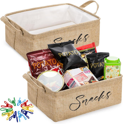 DEAYOU 2 Pack Snack Organizer for Pantry, Burlap Snack Storage Bins with 30 Pcs Bag Clips, Foldable Basket Containers with Handle for Countertop, Kitchen, Office, Chips, Popcorn, Candy, Pretzels