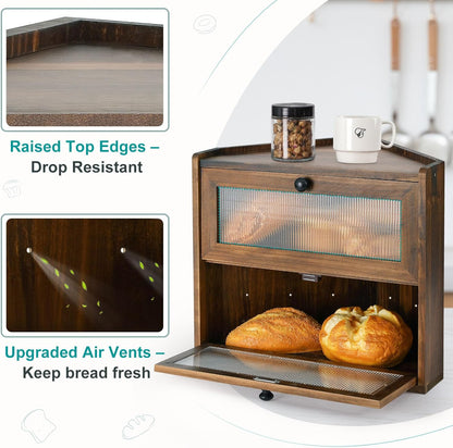 Sunhoo Bread Box for Kitchen Countertop Corner Large Wooden Bread Bin 2 Tier Rustic Food Storage Container with Acrylic Window Farmhouse Keeper Shelf Organizer for Loaves Pastries & Snacks (Brown)