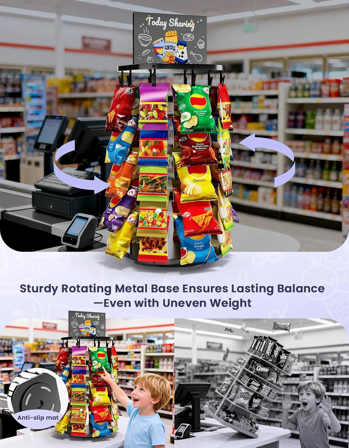 Chip Rack Display Stand with Heavy-Duty 360° Smooth-Rotating Metal Base, 5 Tiers 40 Clips Chip Bag Holder Display, Candy Stand, Snack Organizer for Countertop, Party, Store Concession Stand